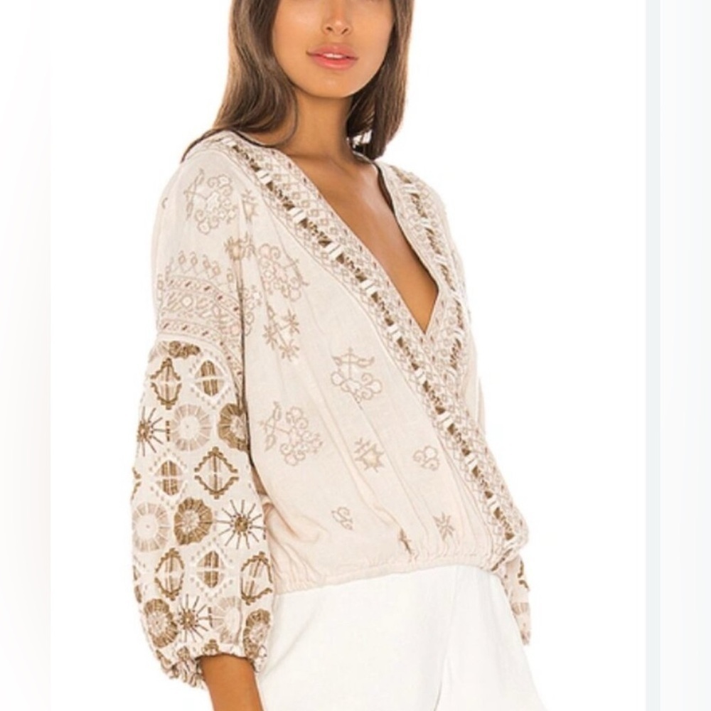 Free People Cream Embroidered 3/4 Sleeve Blouse